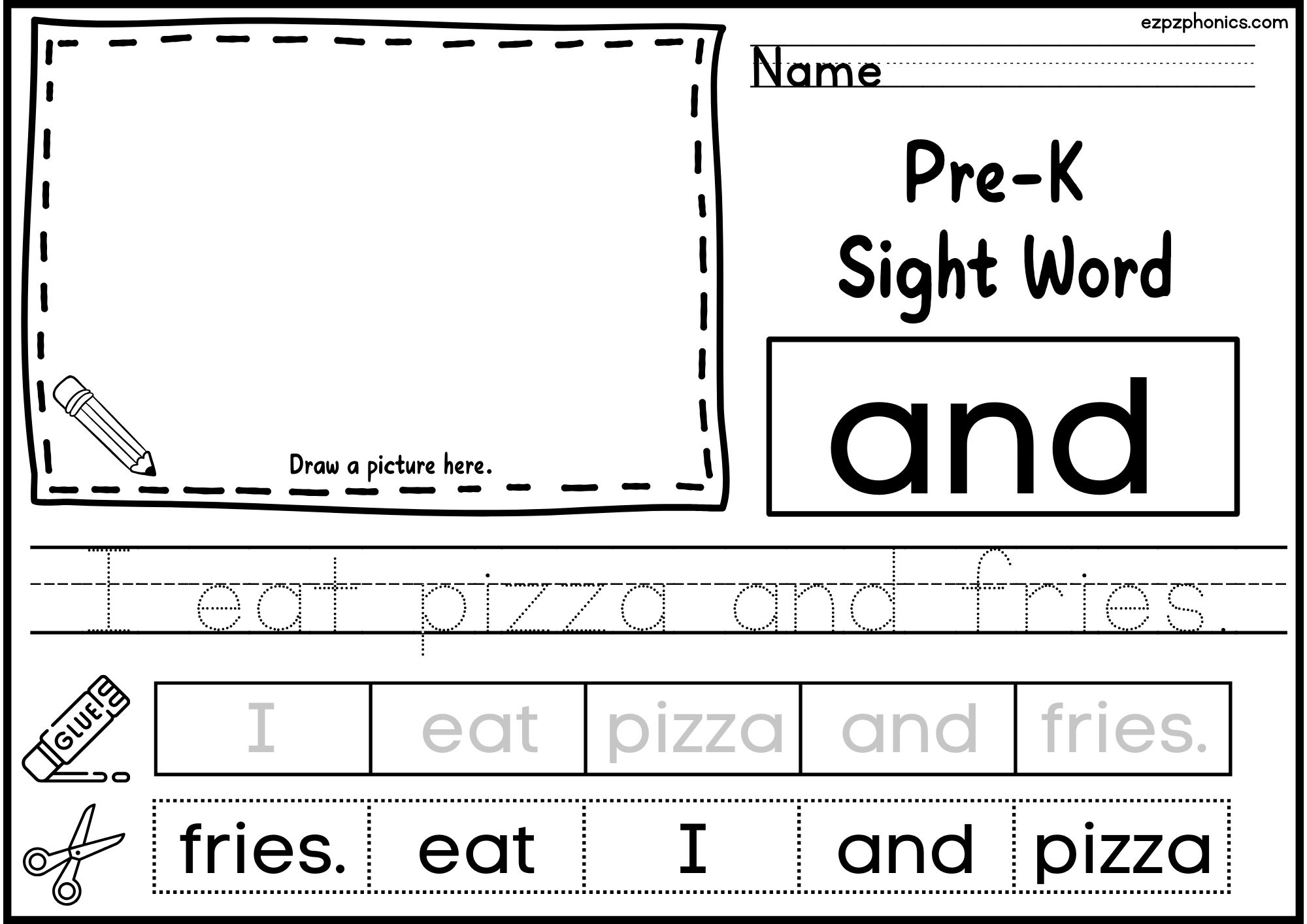 And Dolch Sight Word. Draw, Color, Cut and Paste, and Word Tracing.